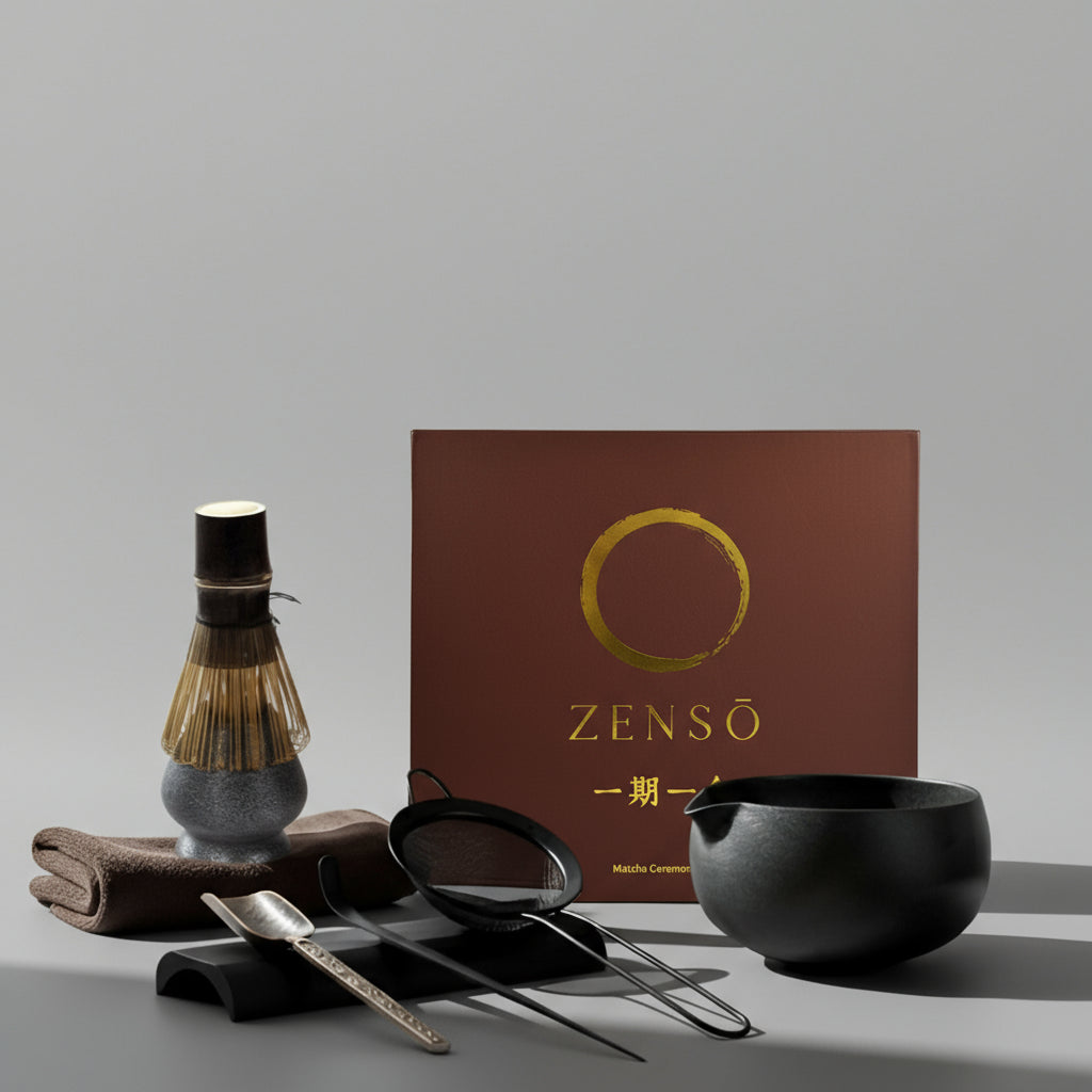 Matcha-making set with 'Zenso' box in a minimalistic room with bamboo.